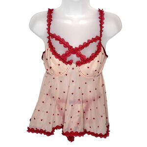 NWOT! Venus Lingerie Set Babydoll & Panty Lace V String Thong Red Heart Sz M